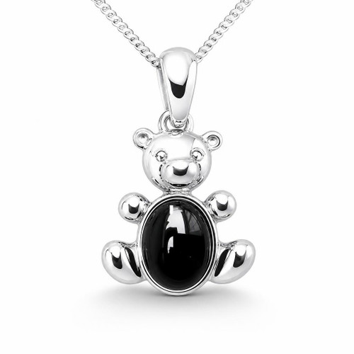 Hand crafted Whitby Jet and sterling silver teddy bear pendant necklace