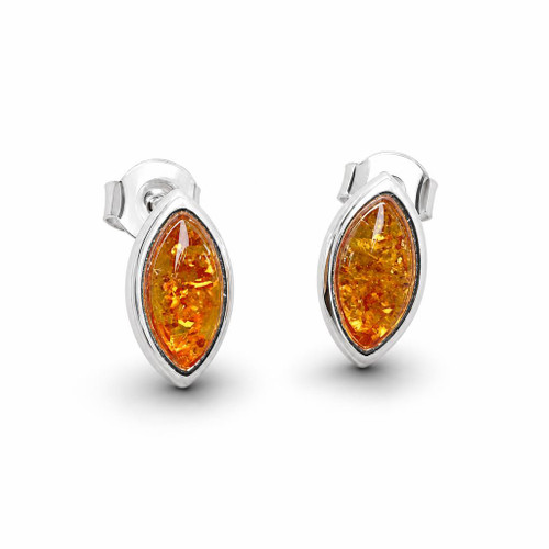 Cognac amber and silver marquise ear studs in gift case