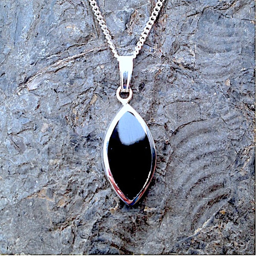 Handmade Whitby Jet and 925 sterling silver marquise pendant necklace