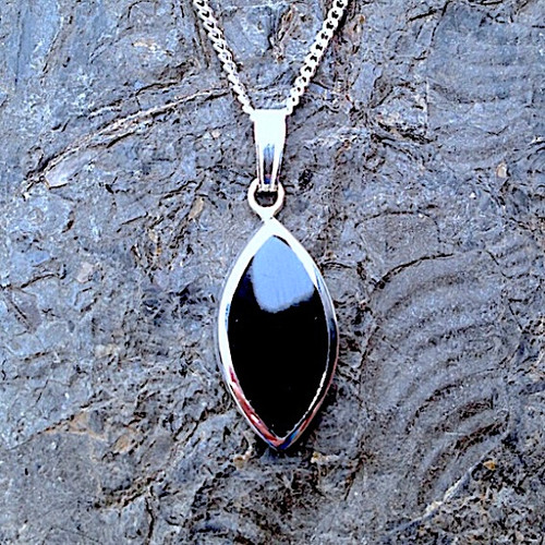 Handmade Whitby Jet and 925 sterling silver marquise pendant necklace