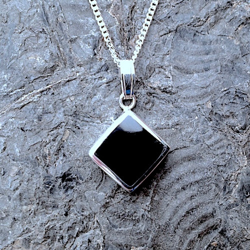 Handmade Whitby Jet and 925 sterling silver square pendant necklace