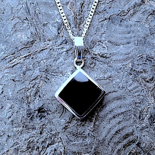 Handmade Whitby Jet and 925 sterling silver square pendant necklace