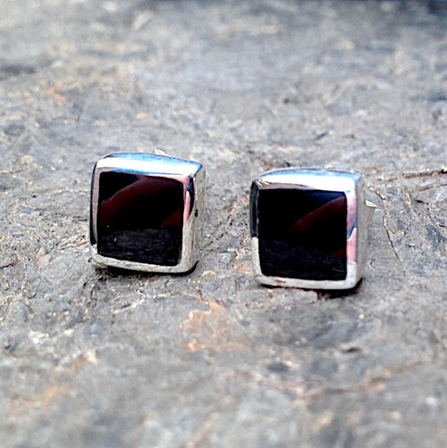 Handmade Whitby Jet and sterling silver deep square stud earrings
