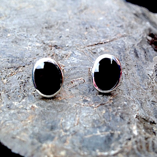 Hand crafted large Whitby jet and sterling silver oval stud earrings