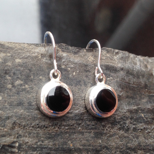 Small round Whitby Jet and 925 silver drop earrings