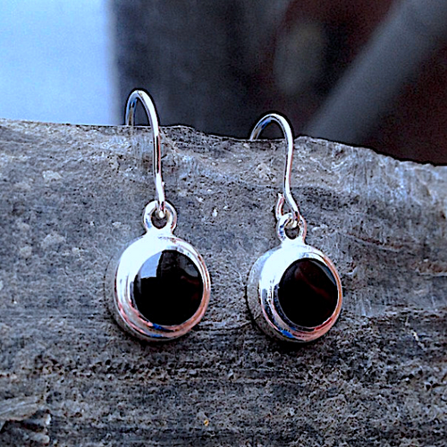 Round Whitby Jet and 925 sterling silver drop earrings hand crafted in Whitby 