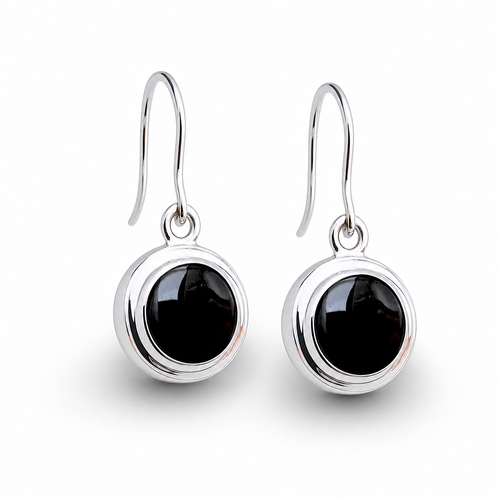 Round Whitby Jet and 925 sterling silver drop earrings hand crafted in Whitby 