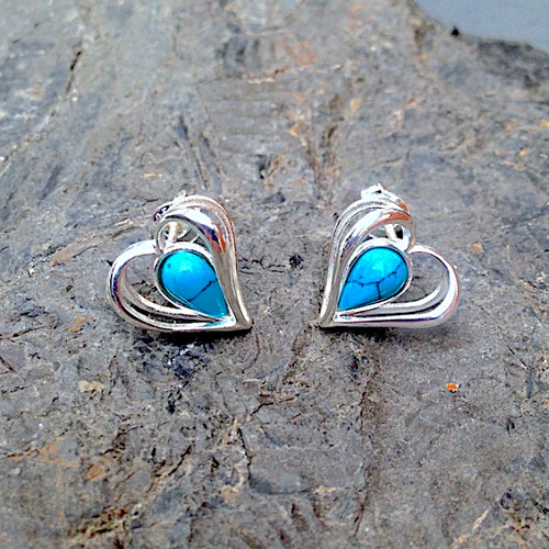 925 silver heart earrings with turquoise teardrop stone