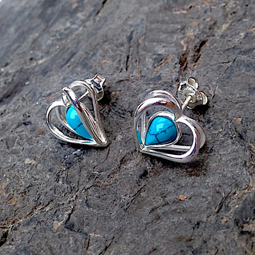 Blue Turquoise and Sterling Silver Open Heart Stud Earrings