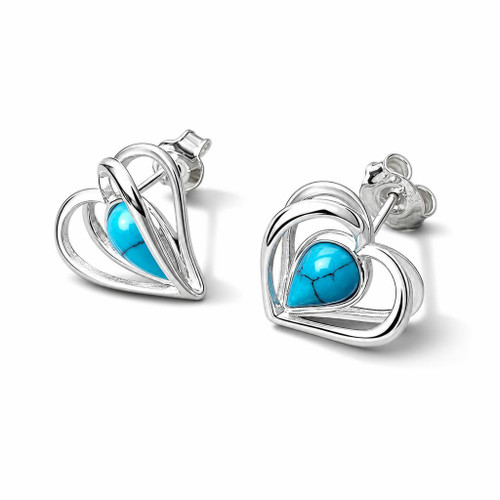 Blue Turquoise and Sterling Silver Open Heart Stud Earrings