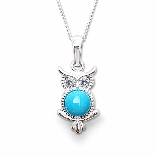 Blue turquoise and sterling silver owl pendant with sparkly cubic zirconia eyes