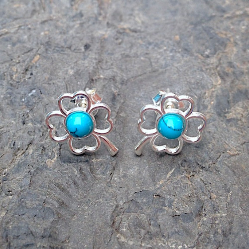 Blue Turquoise and Sterling Silver Four Leaf Clover Stud Earrings