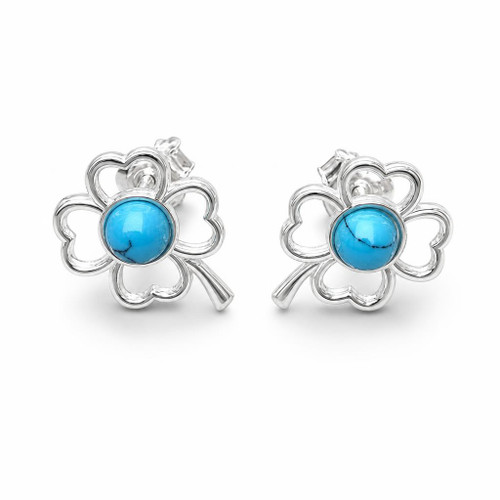 Blue Turquoise and Sterling Silver Four Leaf Clover Stud Earrings