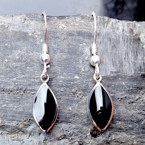 Handmade Whitby Jet and Sterling Silver Marquise Drop Earrings