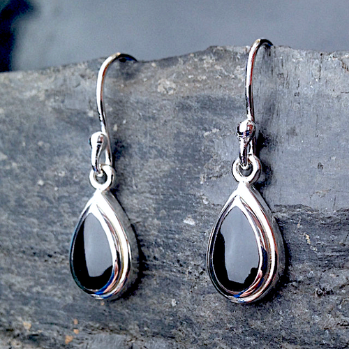Whitby Jet and Sterling Silver Teardrop drop earrings