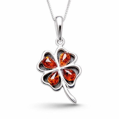 Baltic Cognac amber and sterling silver four leaf clover pendant necklace