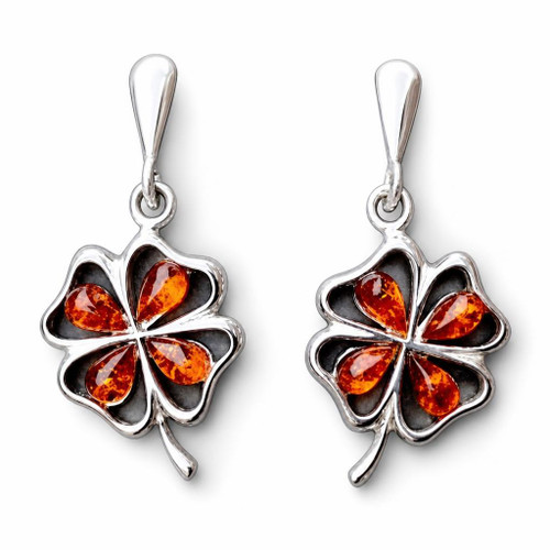 Baltic Cognac amber and sterling silver four leaf clover drop earrings