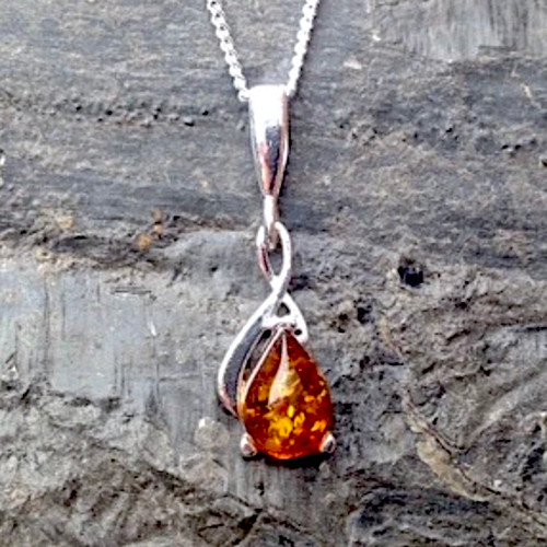 Sterling silver pendant necklace with Baltic amber teardrop gemstone