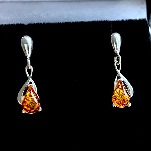 925 silver drop earrings with Baltic amber teardrop stones 