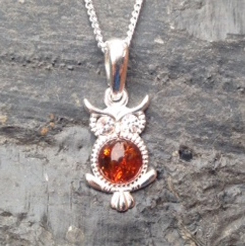 Sterling silver owl pendant with cognac amber