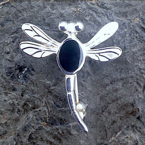 Small 925 sterling silver dragonfly pin brooch with oval Whitby Jet stone