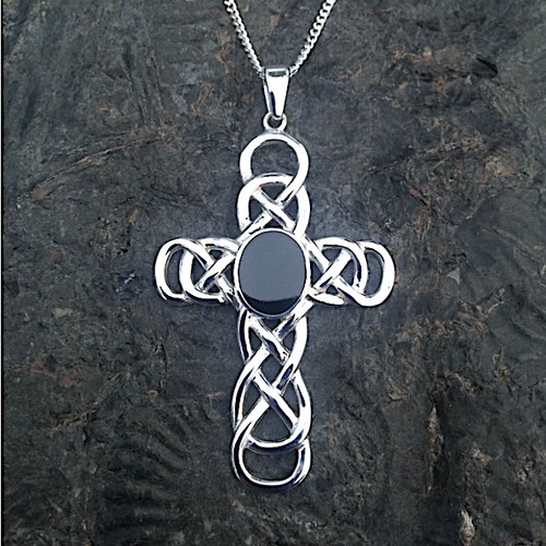 Large hand crafted Celtic sterling silver cross pendant with oval Whitby Jet stone