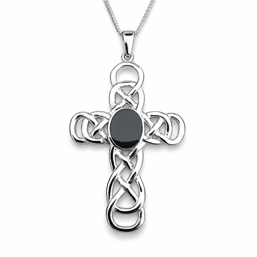 Large hand crafted Celtic sterling silver cross pendant with oval Whitby Jet stone