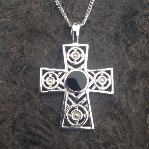 Contemporary Sterling silver Celtic cross pendant with round Whitby Jet stone
