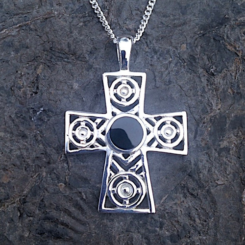 Contemporary Sterling silver Celtic cross pendant with round Whitby Jet stone