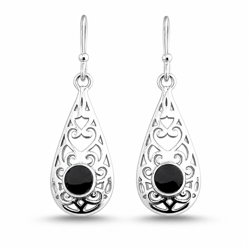 925 sterling silver filigree drop earrings with round Whitby Jet stone