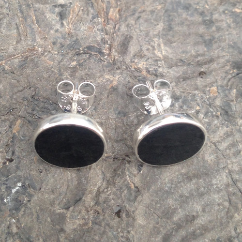 Hand crafted circular sterling silver and Whitby Jet ear studs