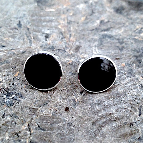 Large round 925 silver stud earrings with hand carved organic black gemstones