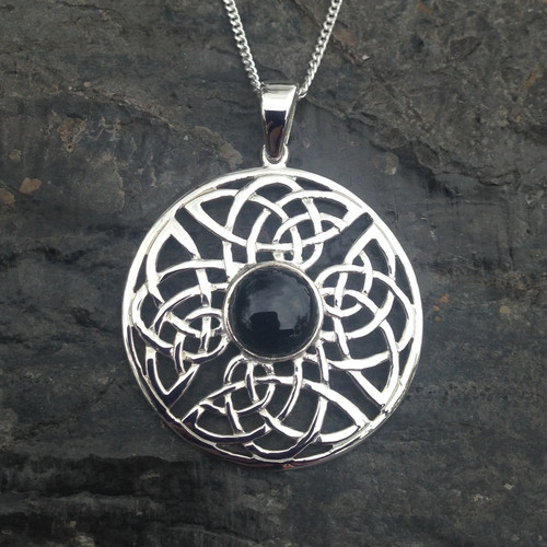 Sterling silver large round Celtic Pendant with Whitby jet cabochon