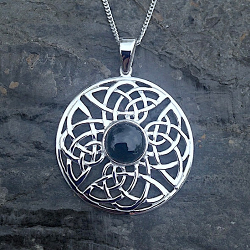 Hand crafted large sterling silver round Celtic Pendant with Whitby Jet cabochon