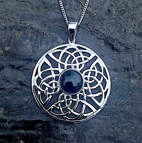 Hand crafted large sterling silver round Celtic Pendant with Whitby Jet cabochon