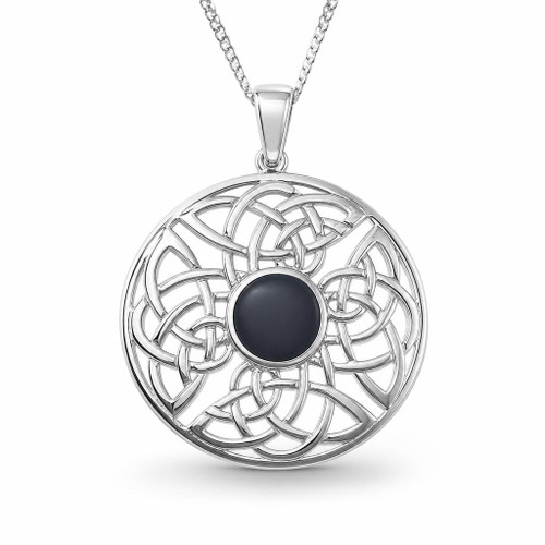 Hand crafted large sterling silver round Celtic Pendant with Whitby Jet cabochon