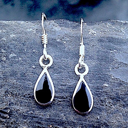 Sterling silver drop earrings with Whitby Jet teardrop stones hand crafted in Whitby 