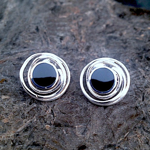 Large hand crafted Whitby Jet and 925 silver round spiral stud earrings