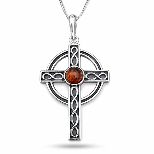 925 silver Celtic cross pendant with natural cognac amber round cabochon