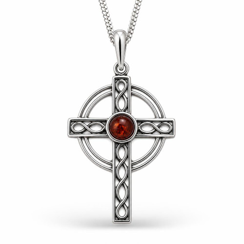 925 silver Celtic cross pendant with natural cognac amber round cabochon