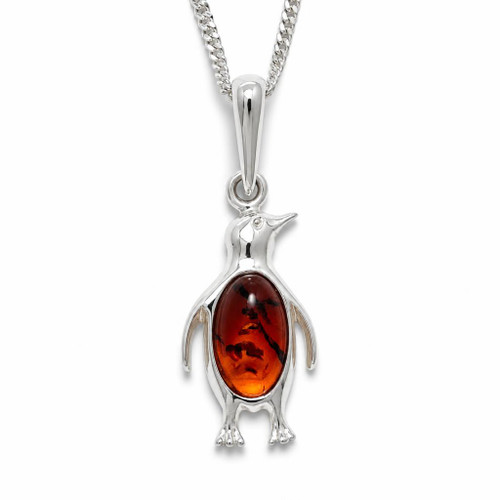 Contemporary Baltic cognac amber sterling silver penguin pendant necklace