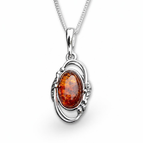 Sterling silver beaded oval Baltic cognac amber asymmetrical pendant necklace