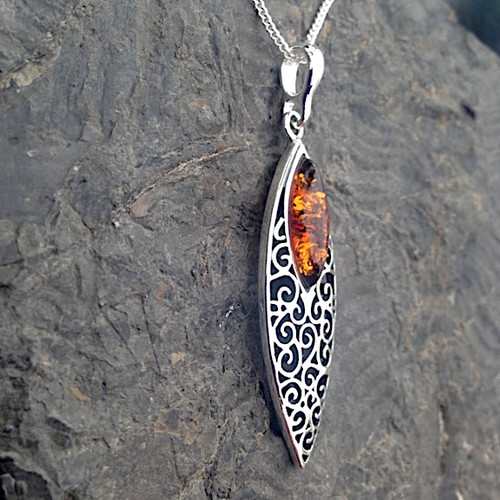 Contemporary large fancy marquise 925 silver necklace with Baltic amber stone