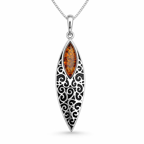 Modern long filigree marquise sterling silver pendant with cognac amber stone