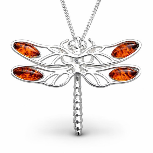 Sterling silver Baltic amber dragonfly four marquise stone pendant necklace 