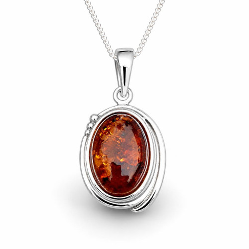 Classic sterling silver oval pendant necklace with Baltic cognac amber cabochon