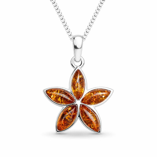 Contemporary sterling silver star pendant with five cognac amber marquise stones