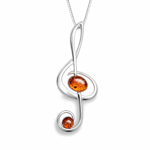 Large sterling silver treble clef pendant necklace with Baltic cognac amber stones