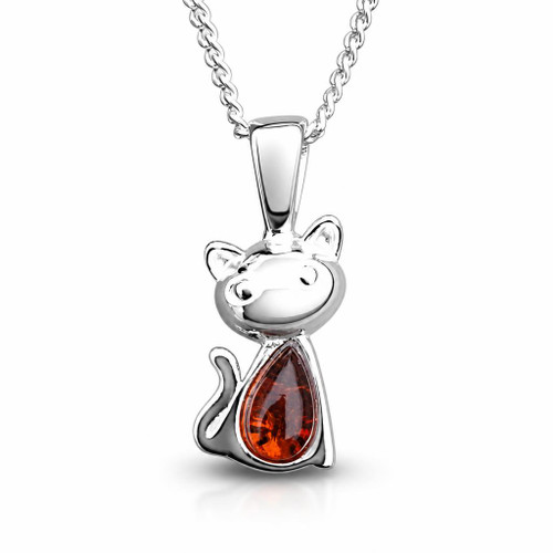 Baltic cognac amber and sterling silver small cat pendant necklace