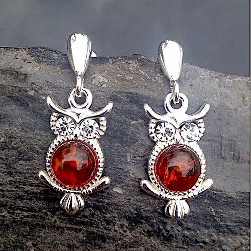 Sterling silver owl drop earrings with cognac amber cabochon and cubic zirconia eyes